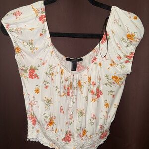 Forever 21 White Floral Puff-Sleeve Peasant Blouse with Coral & Orange Blooms